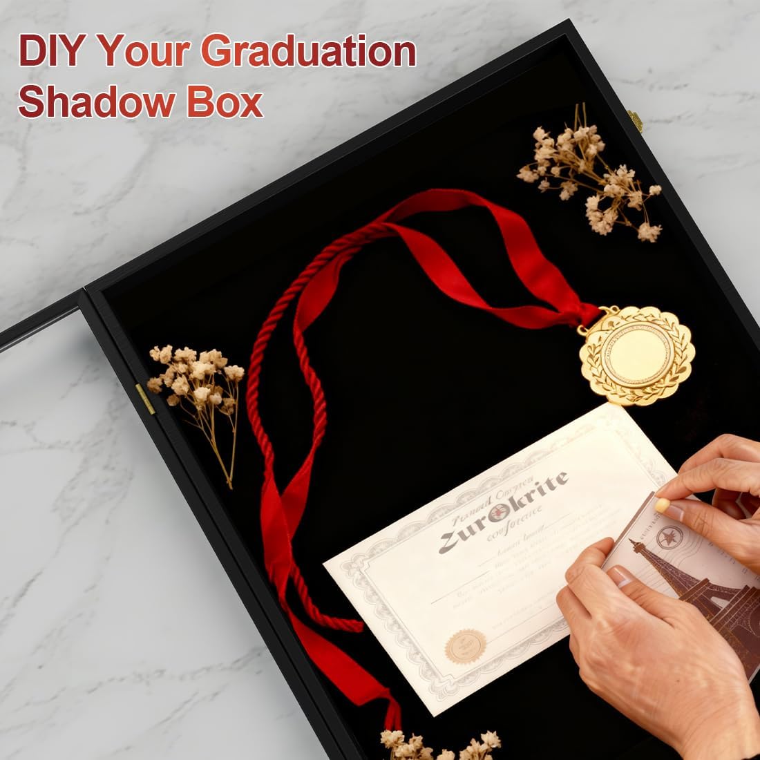 Graduation Shadow Box 17x23 Inch - Large Deep Display Frame for Cap, Gown, Diploma & Awards - College University Keepsake Memory Box in Black