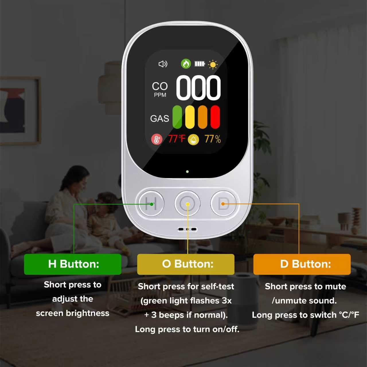 ByAnciel 4-in-1 Carbon Monoxide & Natural Gas Detector with Alarm, HD Display, Battery Backup | Plug-in Wall Monitor for CO, Gas, Temperature, and Humidity in Home, RV, Apartment Use