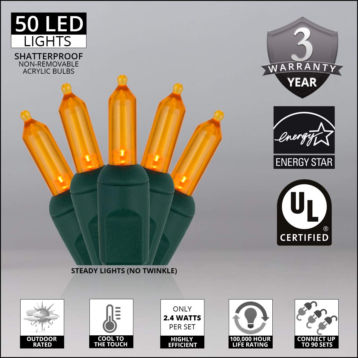 Wintergreen Lighting 50 T5 LED Mini Lights, 25.5 ft Green Wire, Amber, Model IOS-2-50, Indoor/Outdoor, Commercial Grade