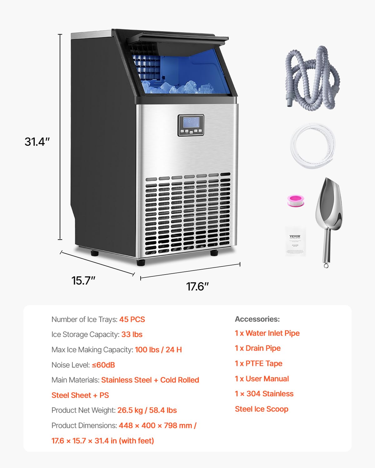 VEVOR Commercial Ice Maker Machine with 2 Water Inlets, 100lbs/24H Ice Maker with 33lbs Storage Bin, 45 Ice Cubes in 15 Mins, LED Digital Display Freestanding & Self-Cleaning for Bar Office Restaurant