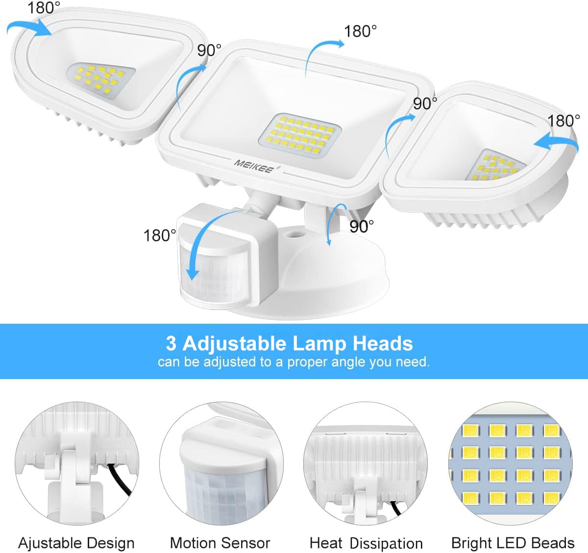 Meikee 42W Led Motion Sensor Flood Light, 3600Lm, 6500K, Ip65 Waterproof, White, 3 Adjustable Heads For Garage, Yard, Garden