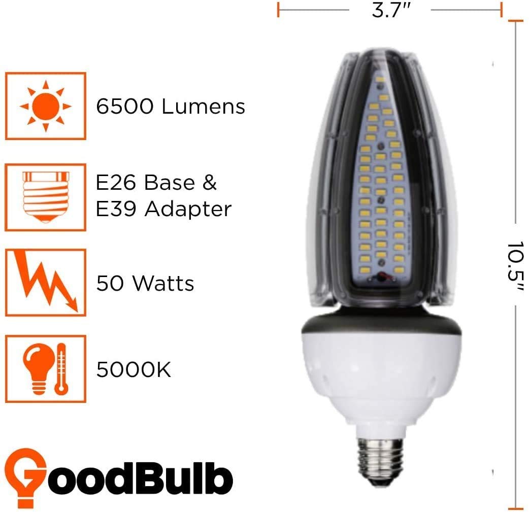 Goodbulb 50W Acorn Light Retrofit Led Light Bulb High Output 6500 Lumens E26 Base & E39 Base Adapter 5000K Daylight White Color Car Dealership Lighting