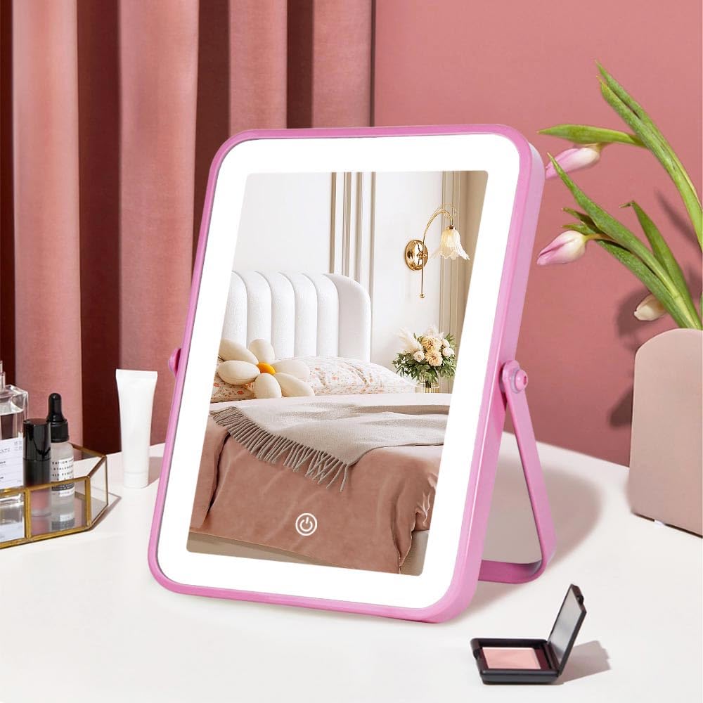 YEKKOPT Pink Rechargeable Vanity Mirror with Lights, 10  7 LED Makeup Mirror with Lights, Smart Touch Control Dimmable 3 Modes L