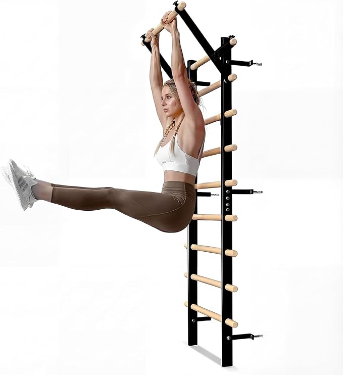 GMWD Swedish Ladder, Stall Bar, Suspension Trainer with Pull-Up Bar and Dip Bar Attachments, Wooden Stall Bar with 9 Strat...