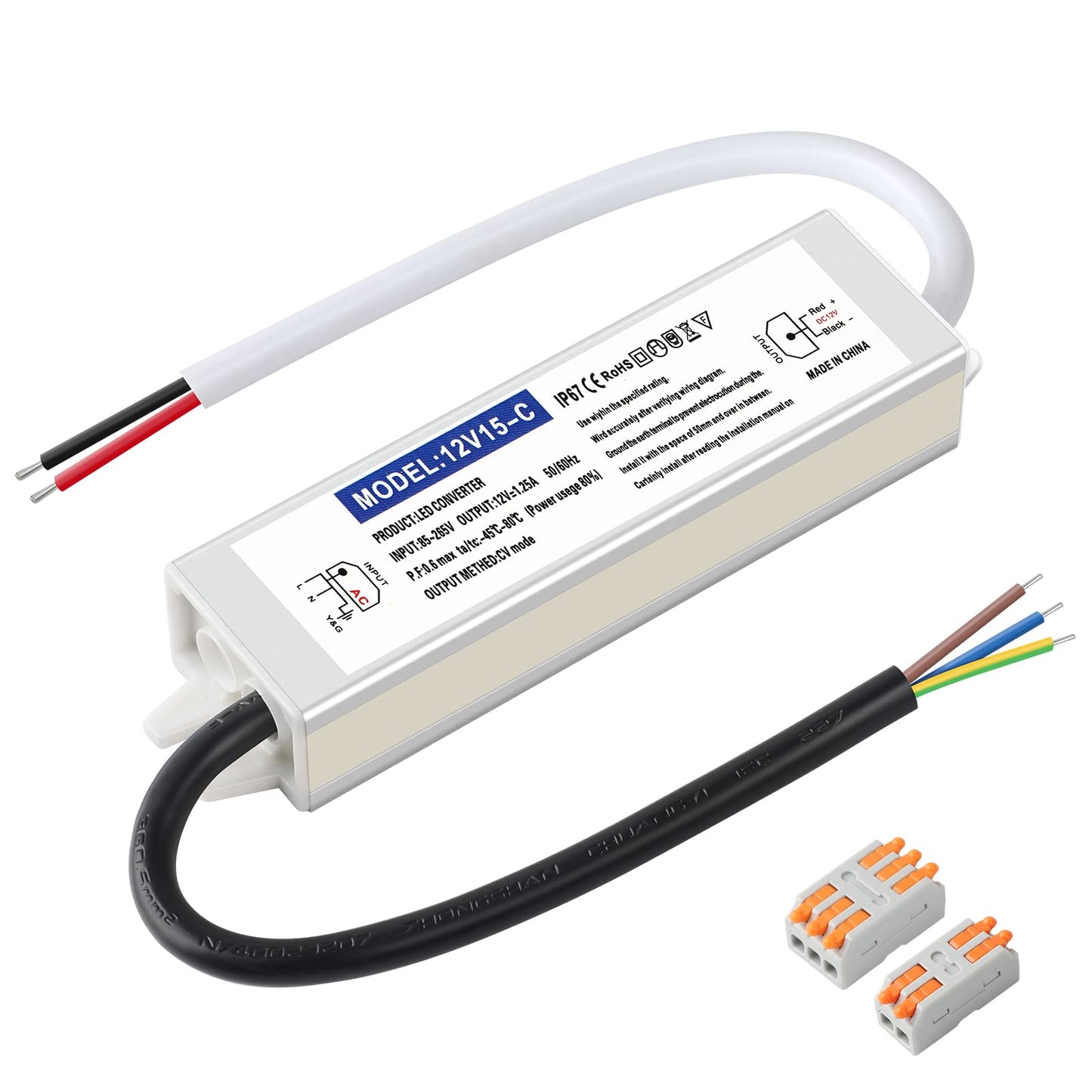 Karyoosi 12V 15W LED Driver Power Supply, Waterproof IP67, 110V AC to 12V DC Converter, Silver, Ideal for Indoor/Outdoor Lighting
