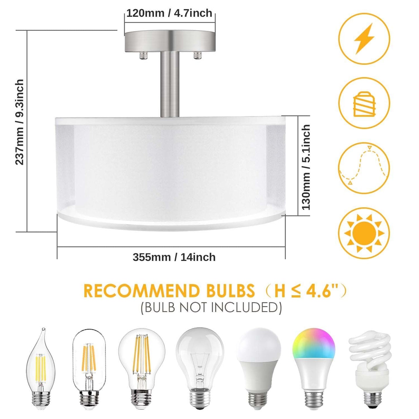 FOLKSMATE 3-Light Semi Flush Mount Ceiling Light Fixture, 14 Inch, White, Iron & Fabric, Model d504a98d-cdad-454a-bfd5-dec0