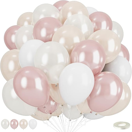 Double Stuffed Pearl White and Pink Balloons, 50pcs Double Stuffed Pearl Sand White Dusty Retro Pink Latex Balloons for Wo...
