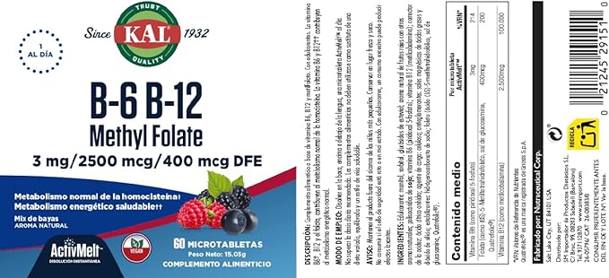KAL Vitamin B-6 B-12 Methyl Folate ActivMelt, Vitamin B Supplement, Heart Health, Energy and Red Blood Cell Support with Methyl B12 and DFE Folic Acid, Natural Berry Flavor, 60 Servings, 60 Micro Tabs