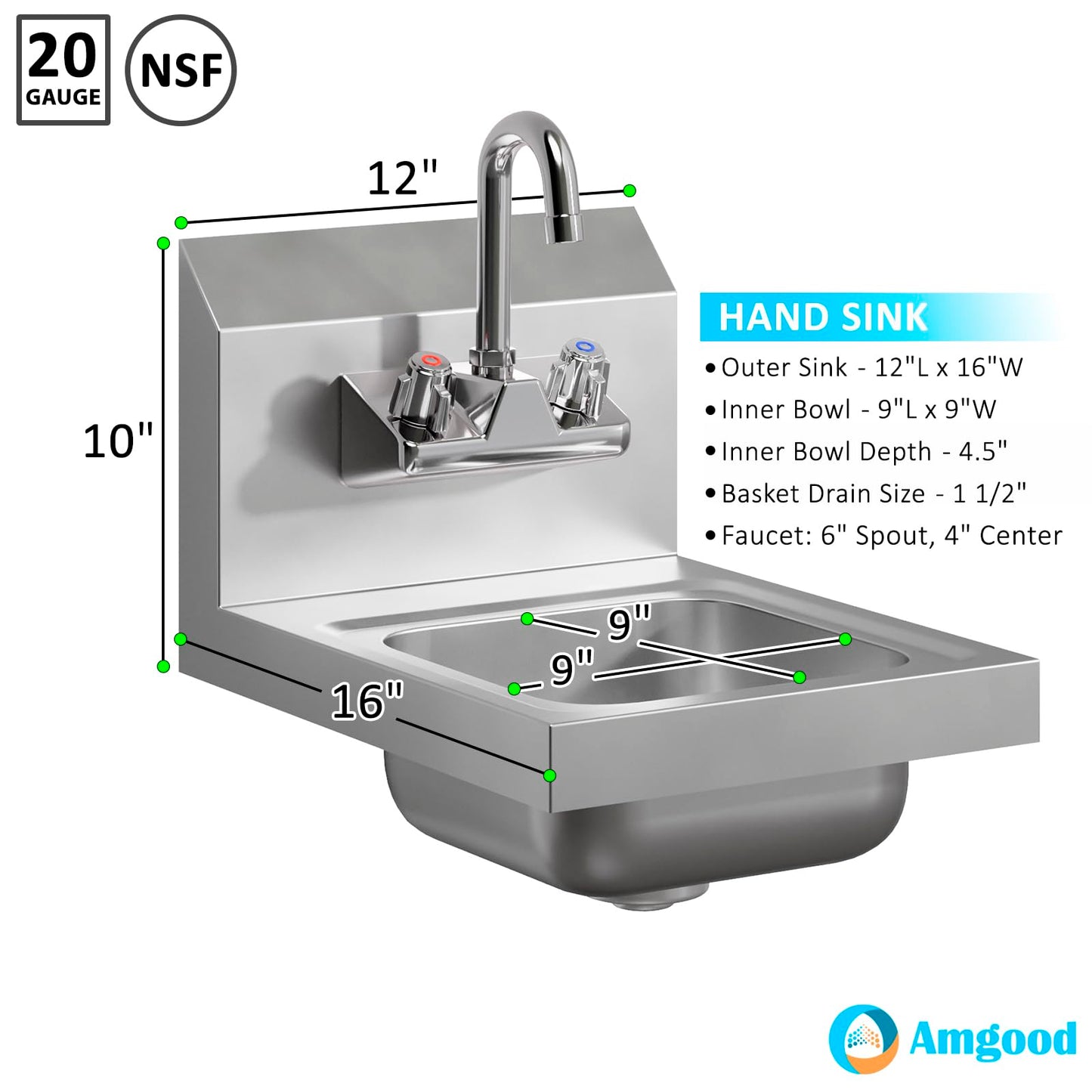 AmGood Stainless Steel Wall Mount Hand Sink | NSF | Commercial Hand Washing Basin For Restaurant, Kitchen and Home (12" x 16")