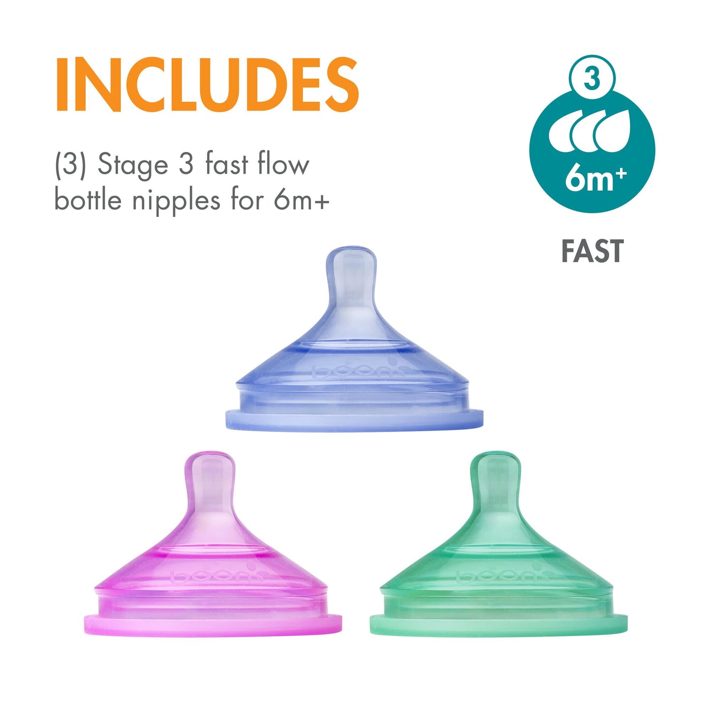 Boon Nursh Platinum Food-Safe Silicone Baby Bottle Nipples - Fast Flow - Baby Bottle-Feeding Supplies Fits All Boon Nursh Bottles - Colorblock - 3 Count - Ages 6 Months and Up
