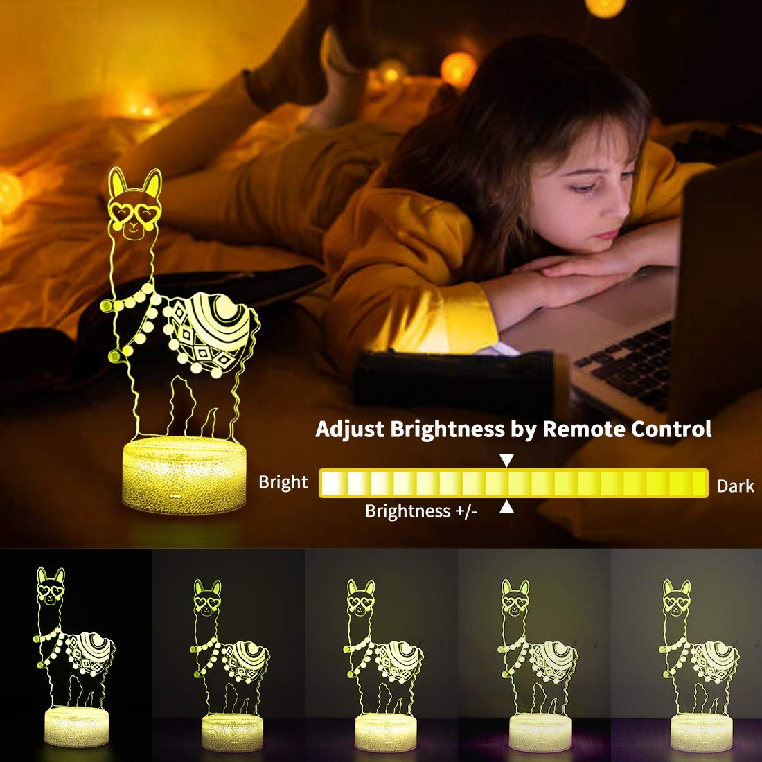 Hoofun 3D Llama Night Light, Acrylic, Remote Control, 16 Colors, Model AZ-PWM0-YANGTUO, Love Heart Design