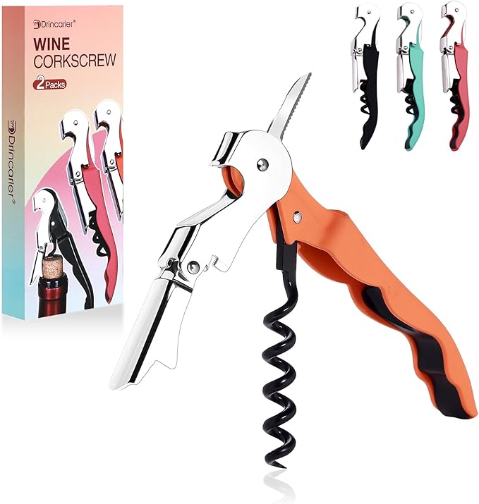 Soft Velvet Touch Waiters Double Hinge Corkscrew Wine Key Bottle Opener，Heavy Duty Waiter Corkscrew, Foil cutter and Bottle Opener,2-pack (2, Orange)