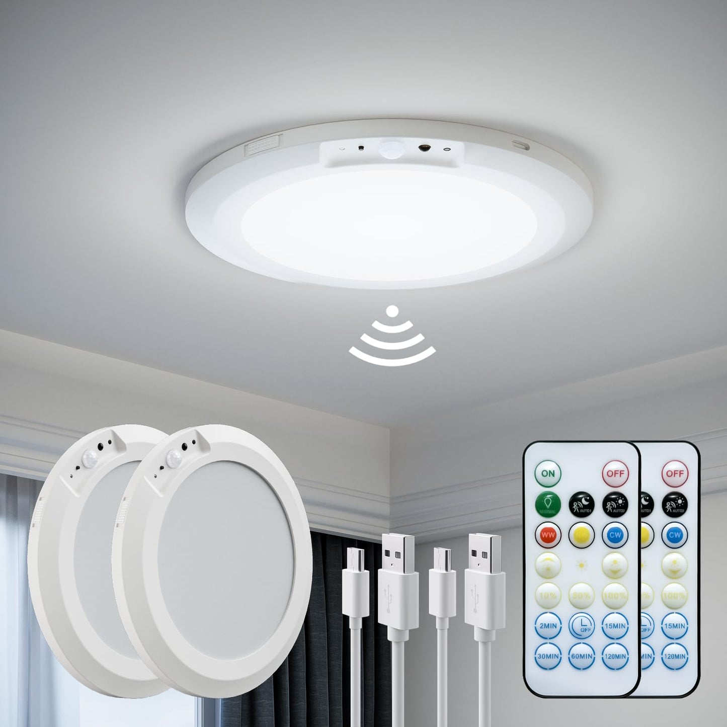 Jackyled 2 Pack New Upgraded Rechargeable Motion Sensor Ceiling Light With Remote Control 10000Mah Battery Operated Closet Light Magnetic Led Shower Lights Ceiling Lamp For Pantry Shed Hallway Porch