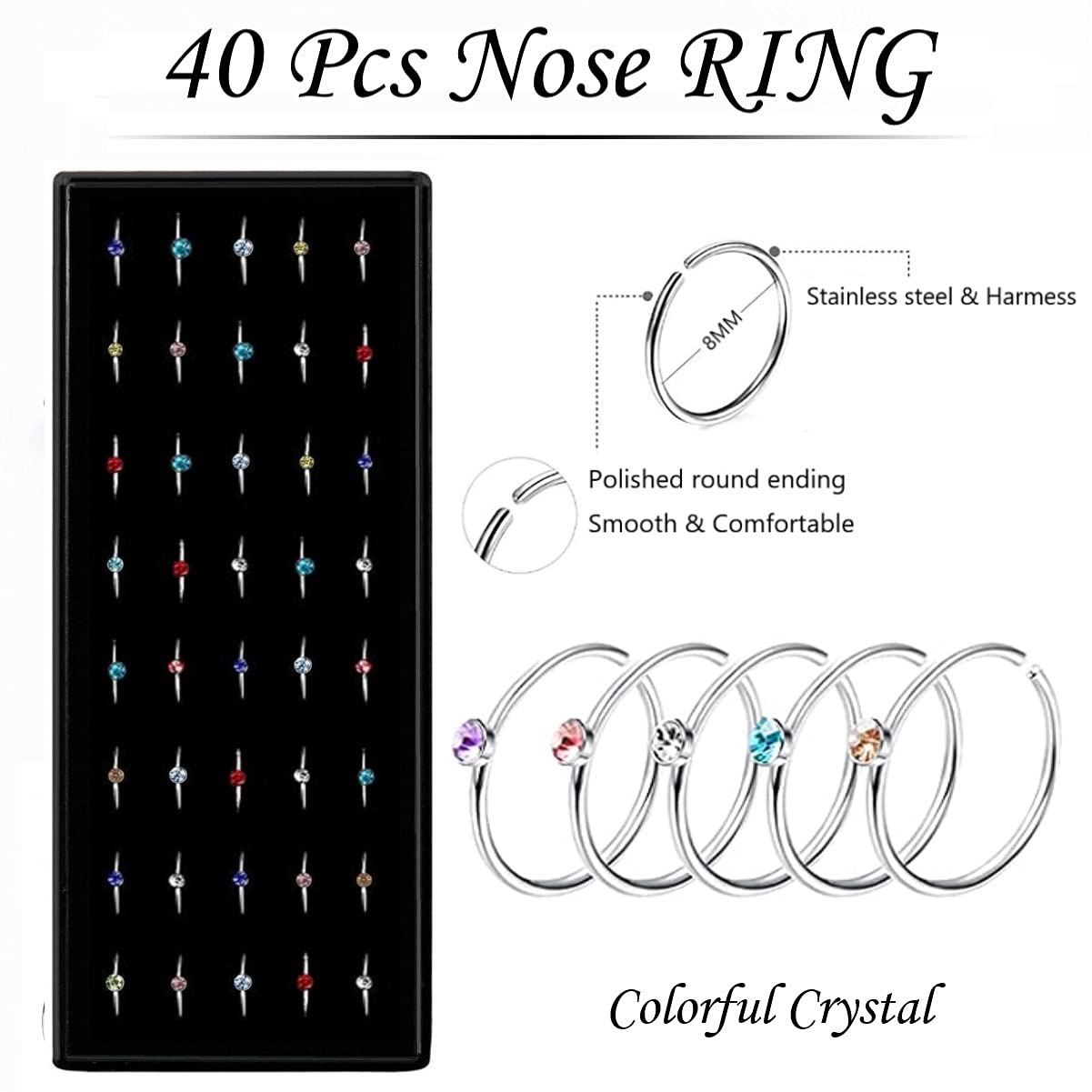NewCraft 3 Sets 160 Pcs Nose Rings and Studs, Surgical Stainless Steel Nose Piercing Jewelry, Colorful Nose Rings Hoops for Wome