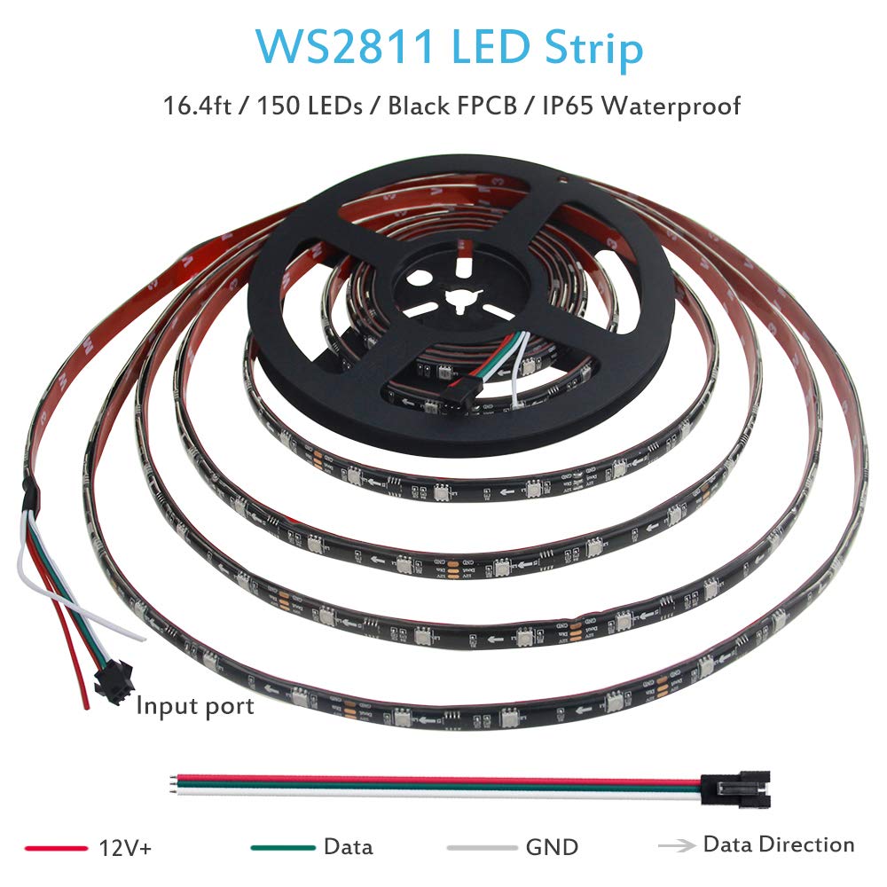 ALITOVE WS2811 RGB LED Strip Light 16.4ft 150 LEDs Waterproof IP65 Black FPCB Flexible Pixel Lights for Arduino DIY