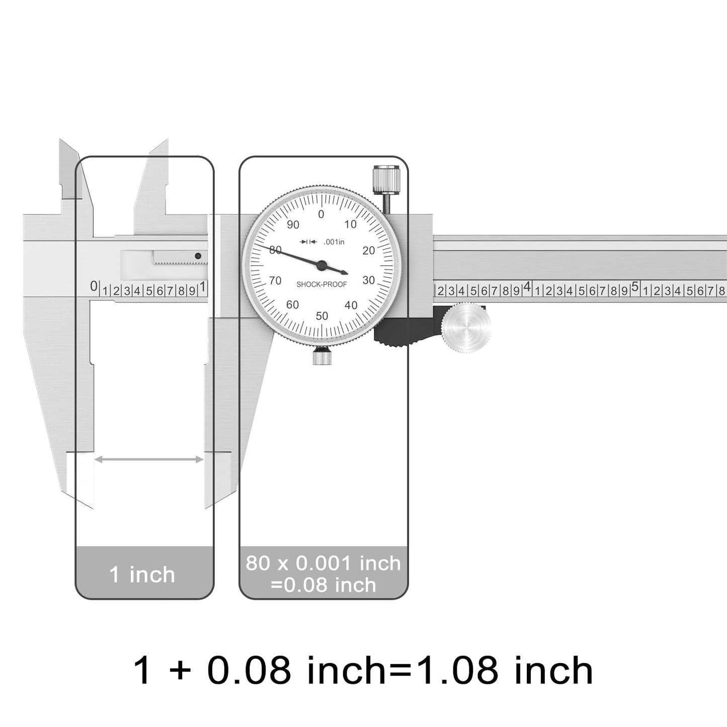 HDLNKAK Dial Caliper Shockproof Dial Caliper Precision Caliper with Watch 0-6" Range, 0.001” Resolution 6 Inch with 0.001" Precision Calipers 4-Way Measurement with Plastic Case
