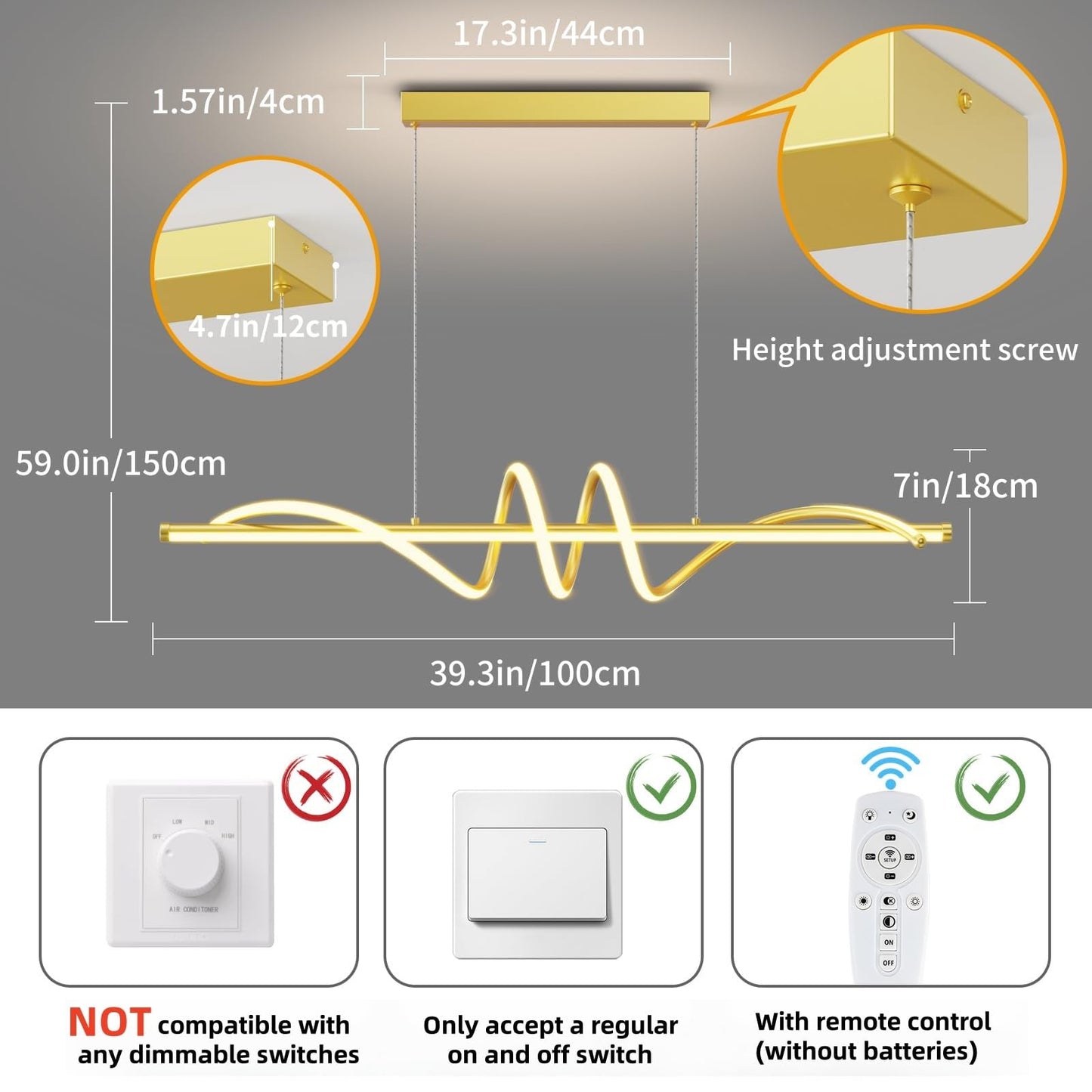 Zihoi Modern Pendant Light Fixture, 39in Aluminum LED Chandelier, Dimmable 3000K-6000K, A-Gold, Model LX