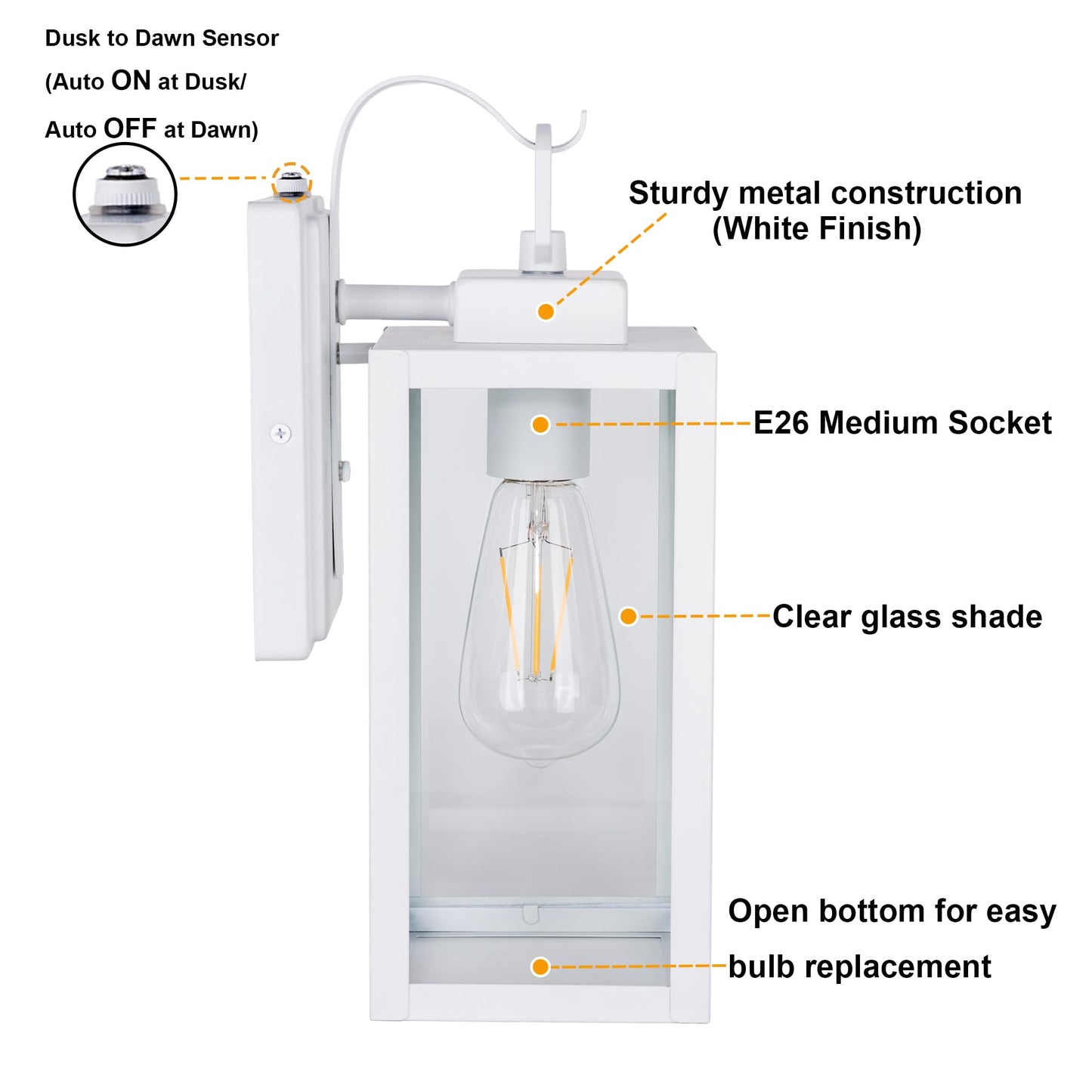 Gruenlich Dusk to Dawn Outdoor Wall Lantern, LED Sconce, Metal Housing, White Finish, E26 Base, Model GR-WL004D2D-WT