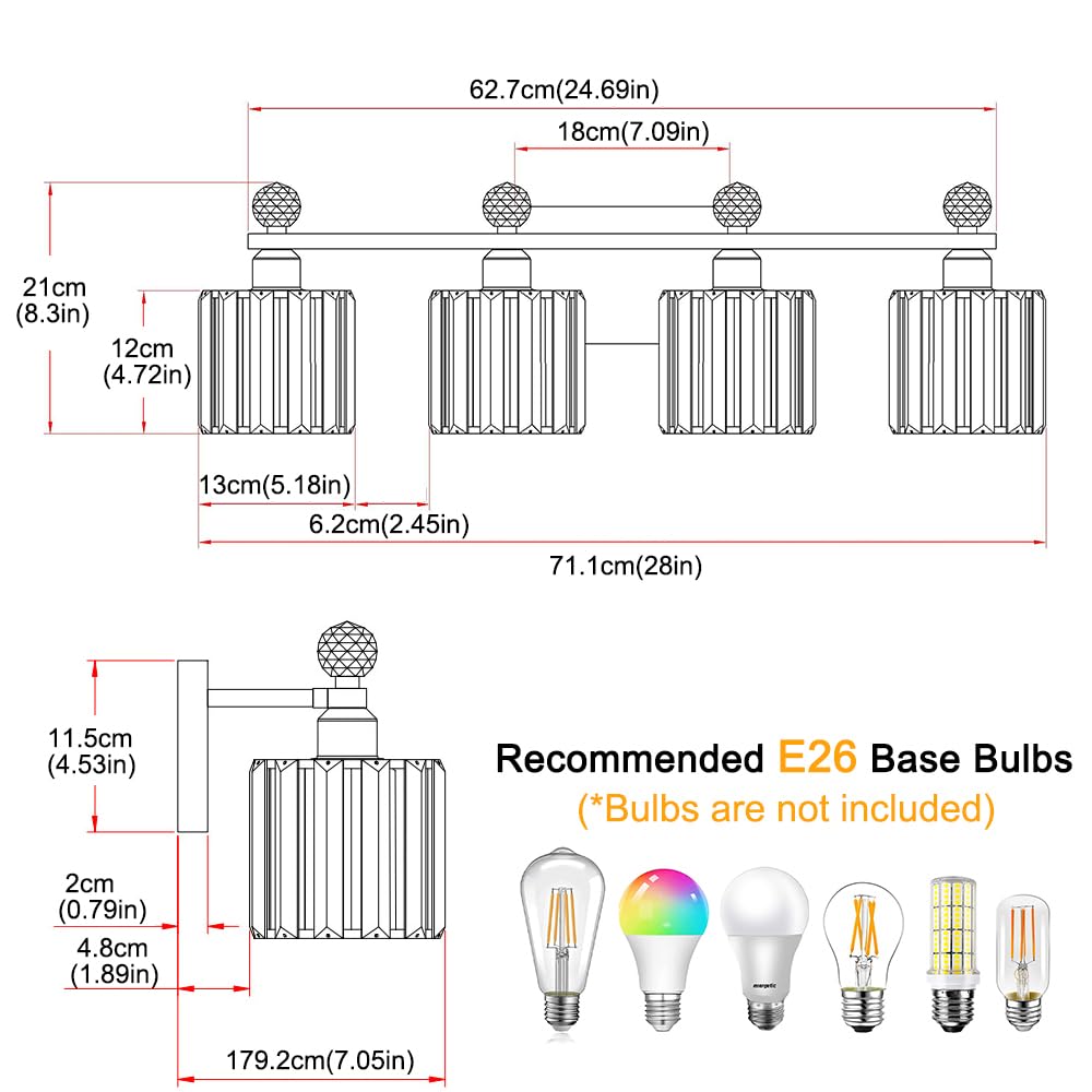 Lxybcce Modern Crystal Bathroom Vanity Light 4-Lights  Chrome Vanity Lights For Bath  Crystal Bathroom Wall Fixture Over Mirror  Wall Sconces Lighting With Clear Glass Shade For Bedroom  Living Room