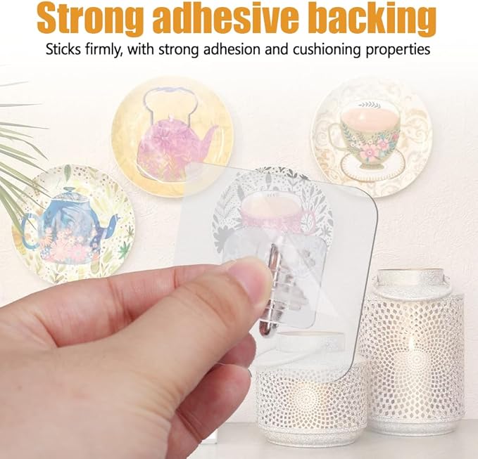 20PCS Vertical Adhesive Plate Holders, Heavy Duty Plastic Wall Hangers Invisible Plate Hooks for Plates Photo Frames Paintings and Art