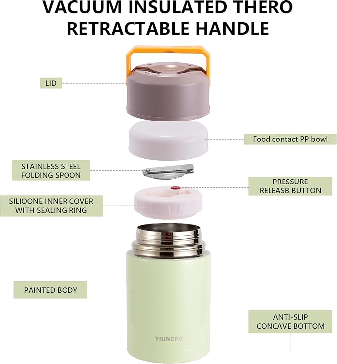 33.8oz Insulated Food Jar, 316 Stainless Steel Thermo for Hot Food, Leak-Proof Lunch Container for Construction, Truck Drivers, Work & Travel (Green)