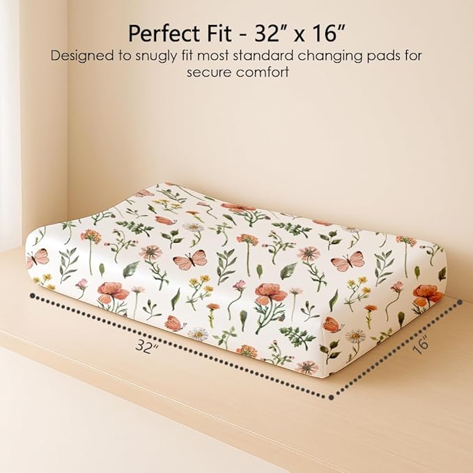 Changing Pad Cover for Baby Boys Girls 2 Pack, Fits Standard 32”×16” Changing Table Pads, Silky Breathable Stretch Knit, Machine Washable (Butterfly Garden)
