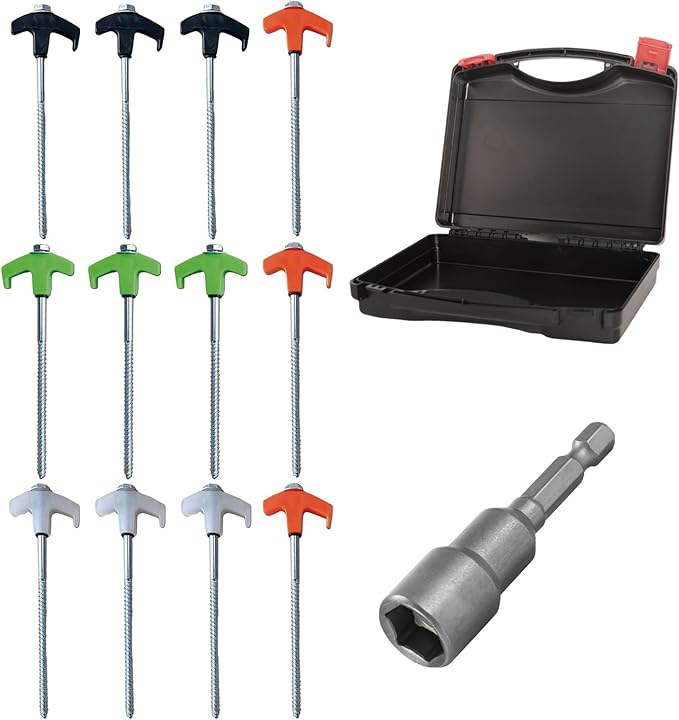 8" Screw in Tent Stakes - Ground Anchors Screw in, Screw in Tent Stakes Heavy Duty, Tent Pegs Camping Stakes, Metal Threaded Tent Spikes, Screw Tent Stakes with Hex Sleeves (12Pcs+Box Mix Color)