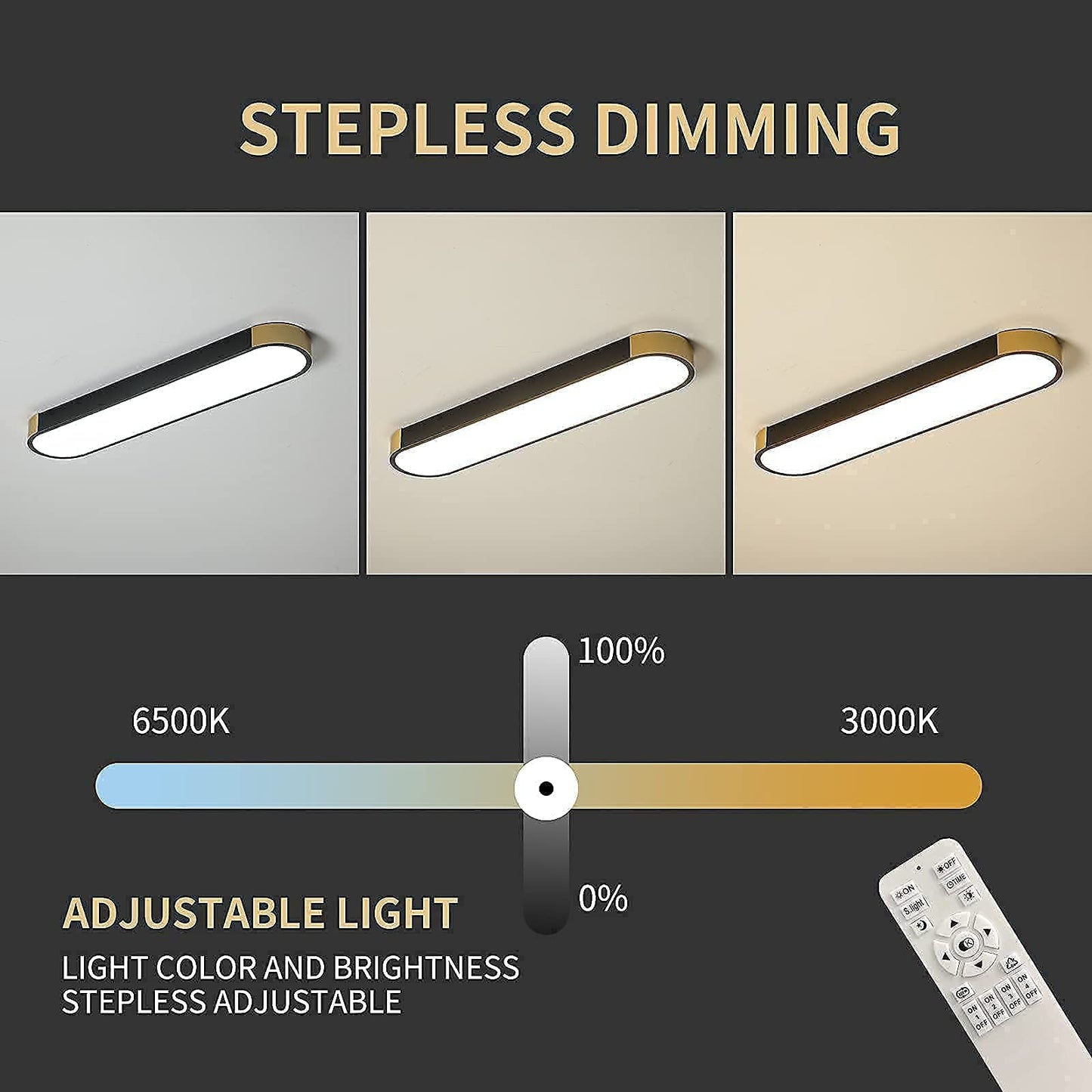 Tioolo Dimmable LED Ceiling Light Linear Fixture 2.3FT 36W Remote Control Black Gold Model YN9YH2119-TG