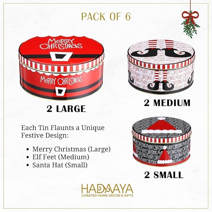 Pack of 6 Round Christmas Cookie Tins with Lids for Gift Giving, Metal Holiday Storage Container, Merry Christmas HAT ELF Design, Perfect Christmas Tins for Gifting