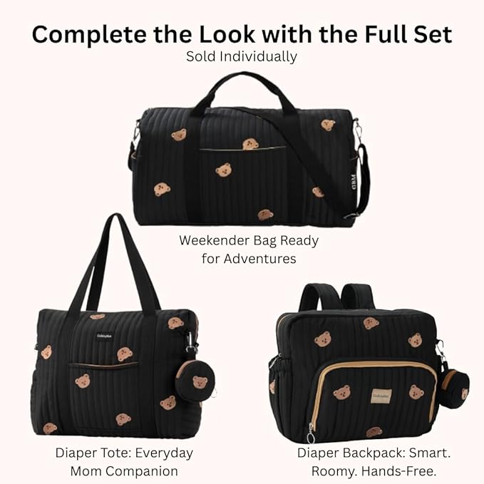 Diaper Bag Backpack, Medium Maternity baby bag & Changing Pad, Insulated Pockets, Stroller Straps & Pacifier Case (Medium - Black Bears)