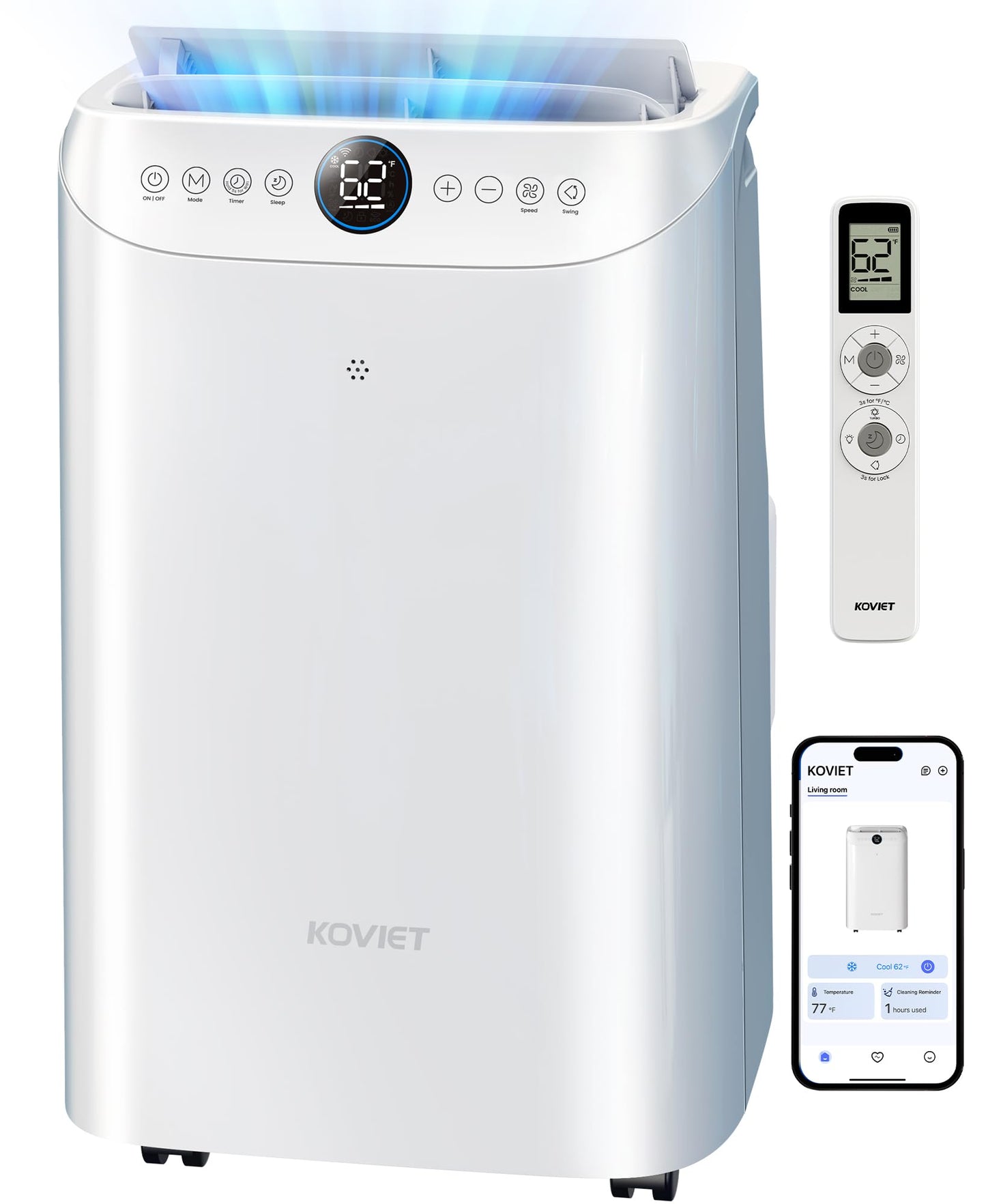 Koviet 12000 Btu Portable Air Conditioners, 6-In-1 Wi-Fi Smart Ac Unit With App & Voice & Remote Control, Auto-Evaporation, Quie