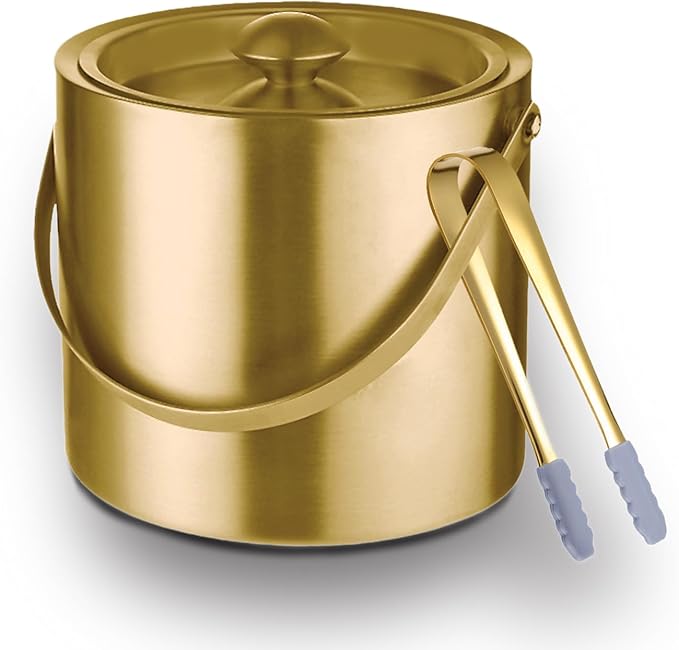 Gold Ice Bucket with Lid, Handle and Tong Insulated Stainless Steel Champagne Bucket 3L Wine Bucket for Party Bar Cart Accessories Large Double Wall Bucket Keep Frozen