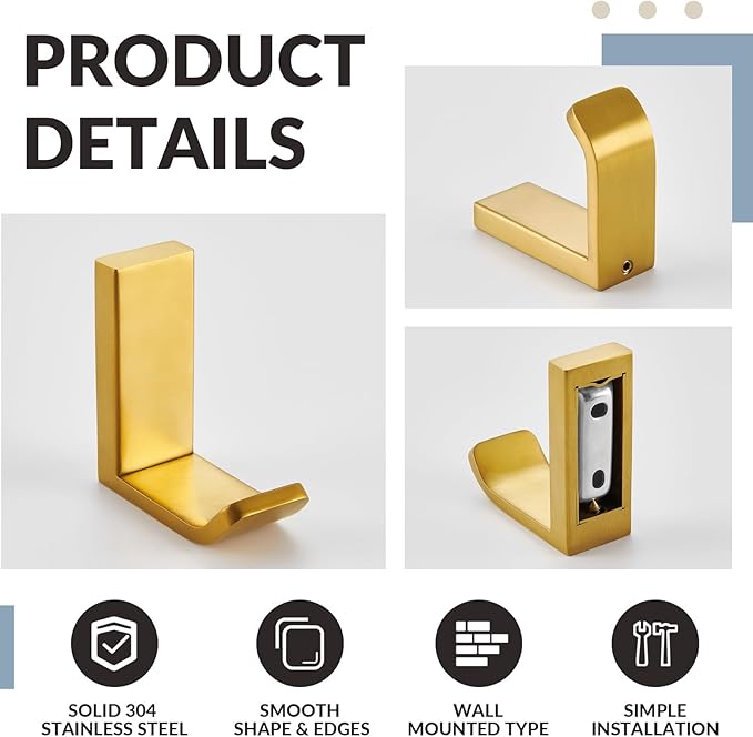 APLusee Brushed Gold Bathroom Towel Hooks 2 Pack, 304 Stainless Steel Robe Hooks for Bathroom Kitchen Garage, Wall Mounted