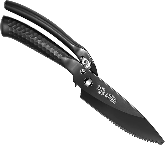 MITSUMOTO SAKARI 10 inch Japanese Kitchen Scissorss, Black Titanium Plating Kitchen Shears Heavy Duty, Multipurpose Alloy Steel Poultry Shears for Chicken, Meat, Bone & Fish