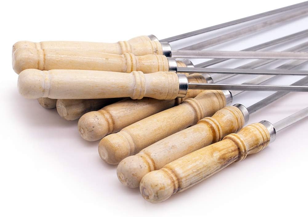 HAKSEN 16 inch Kabob Skewers with Wood Handle for BBQ Camping Cookware Campfire Grilling Cooking, Stainless Steel, 10PCS