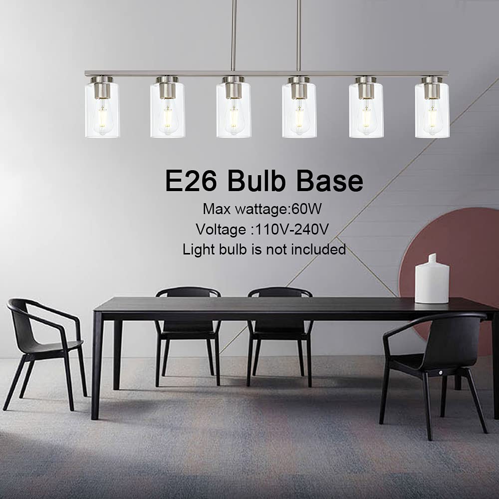 Todoluz 6-Light Kitchen Island Lighting With Clear Glass Shades  Modern Linear Pendant Light Fixture For Dining Room Pool Table  Brushed Nickel Finish