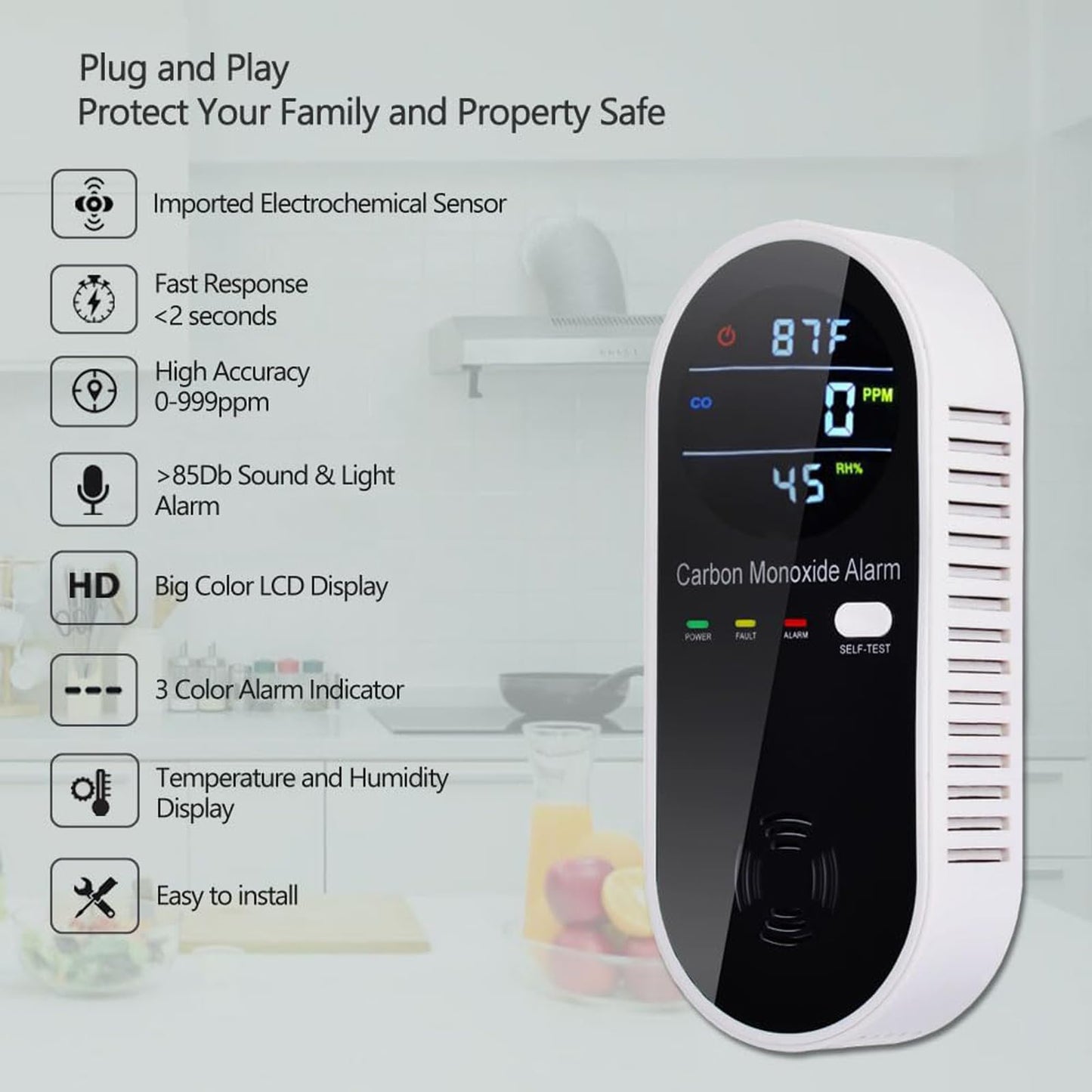 3-in-1 Carbon Monoxide Detector, Carbon Monoxide Detector Plug in Wall with Temperature & Humidity Display, CO Alarm Monitor with Color LCD Display, Accurate & Easy to Install