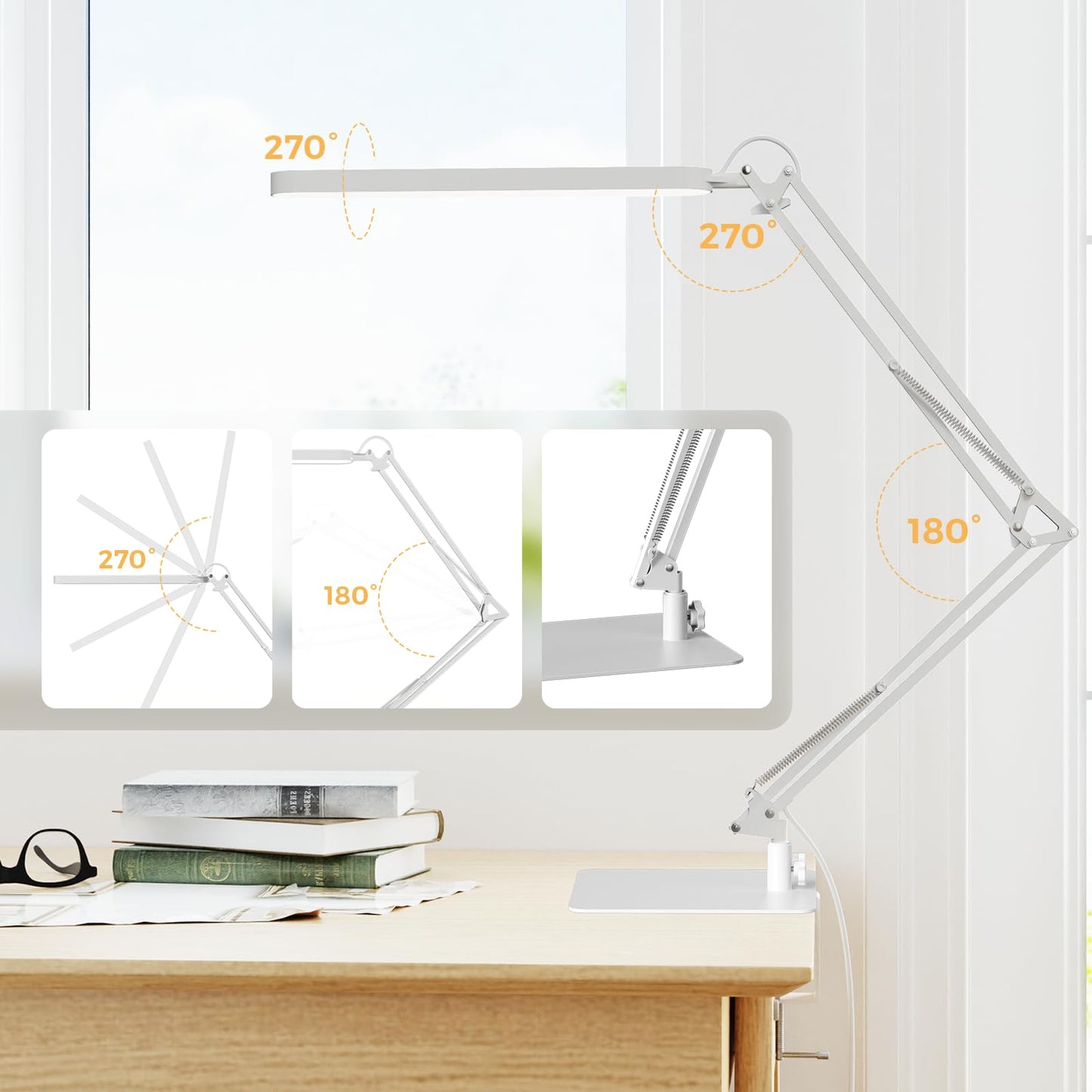 SKYLEO LED Desk Lamp - Adjustable Swing Arm, Dimmable, 1300LM, 12W, White, Model A018