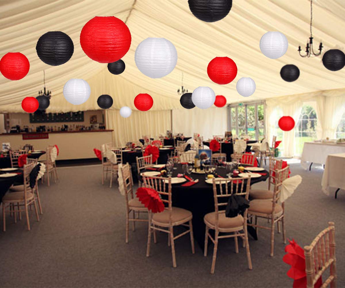 zilue 24pcs Hanging Round Paper Lanterns for Wedding Birthday Party Baby Showers Decoration Black/Red
