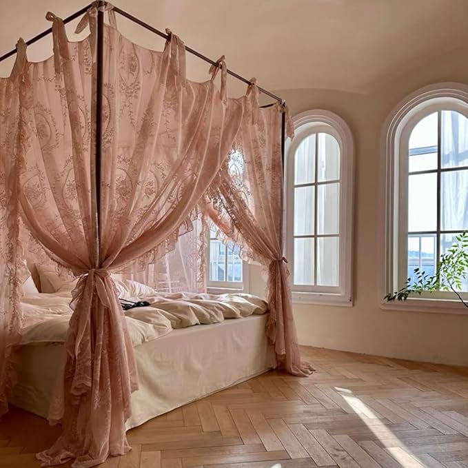 Elegant Lace Princess 4 Corner Post Mosquito Net Romantic for Girls Women Bed Curtain Canopy for Adult Wedding Bedroom Kids Rooms Decoration (Color-B, Queen)