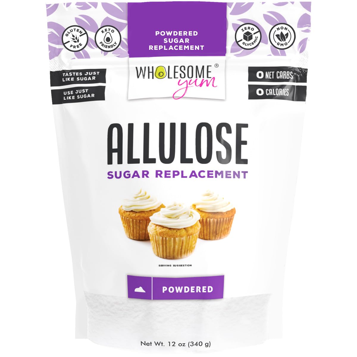 Wholesome Yum Powdered Allulose Sweetener - Natural Keto Powdered Sugar Substitute - Non GMO, Zero Carb, 0 Calorie, Sugar Free,