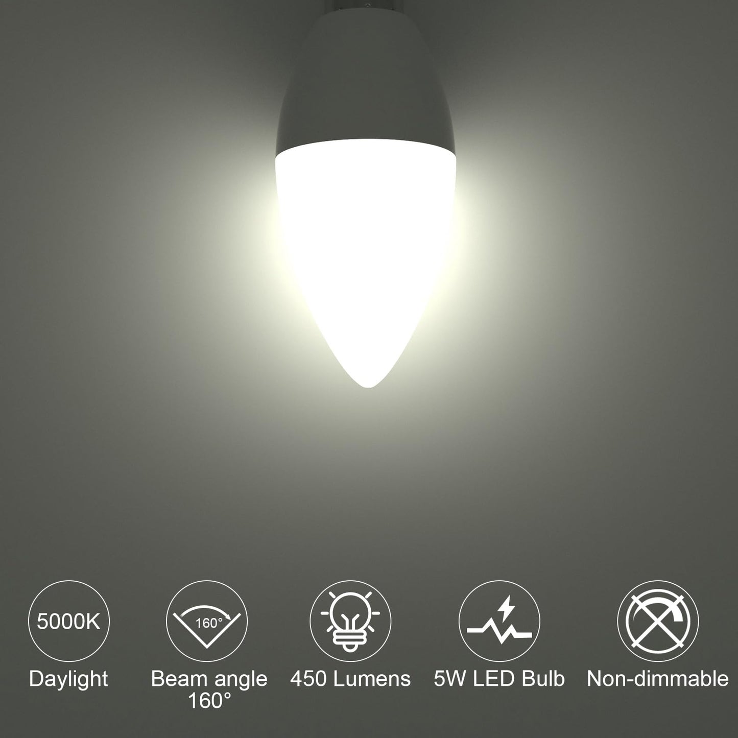 ORALUCE E12 LED Candelabra Light Bulbs, 40W Equivalent, 5000K Daylight White, Non-dimmable, 5W 450LM, 6 Pack