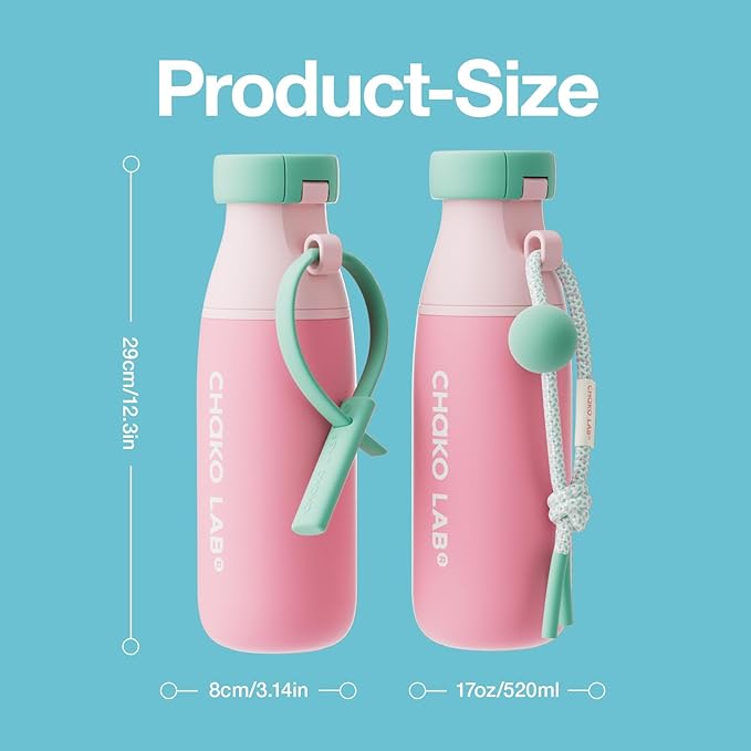 CHAKO LAB Ceramic Insulated Stainless Steel Water Bottle with Two Strap | BPA-Free Leak Proof | 17oz Bottle with Spout Lid & Straw | Peach