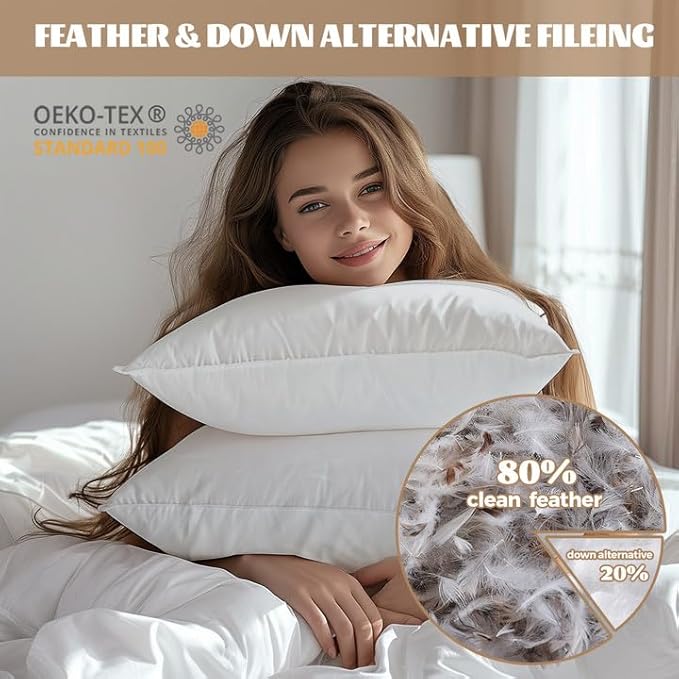 WOLKI Feather Down Alternative Pillows Queen Size Set of 2, 100% Soft Cotton Shell Bed Pillow, Hotel Sleeping Pillow for Back, Stomach or Side Sleepers 20x30