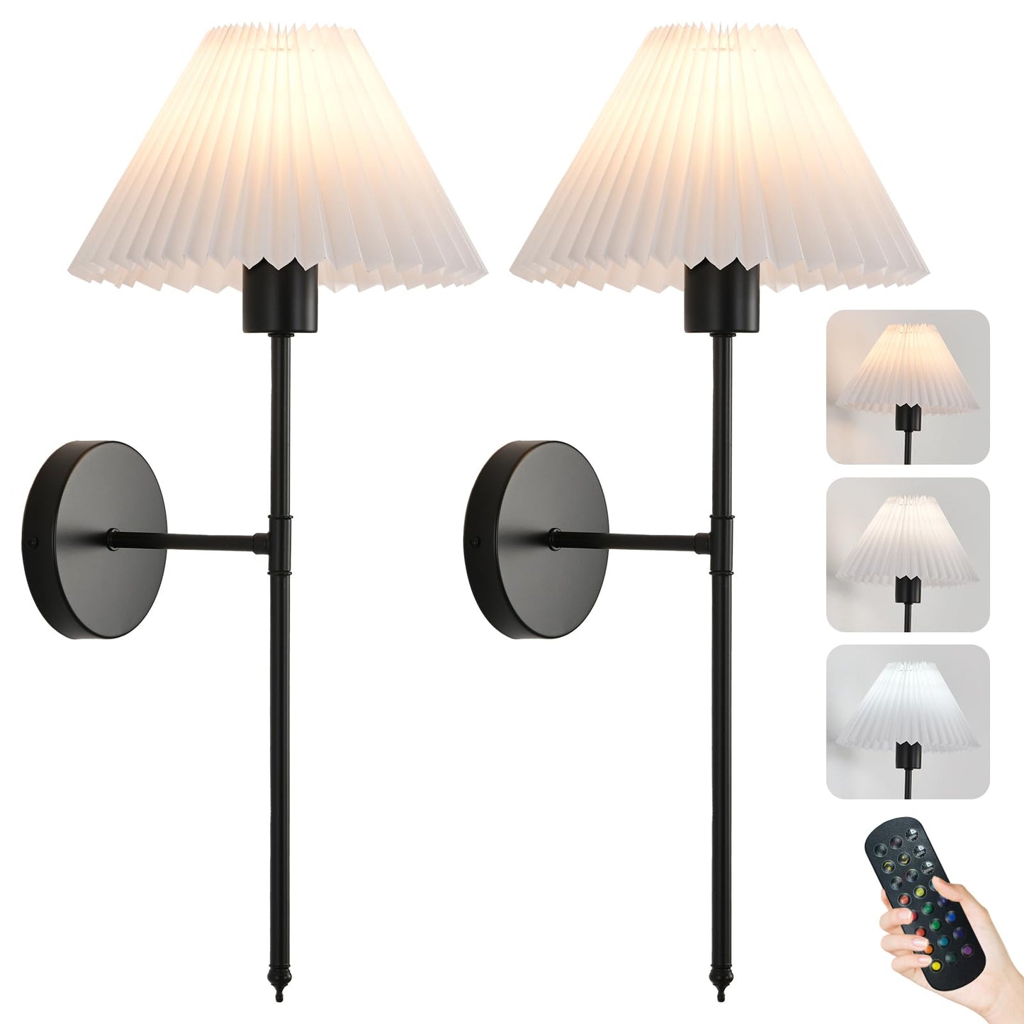 Battery Operated Wall Sconces Set of 2, Black Rechargeable Wall Lights with Pleated Shades, Dimmable Wall Lamp with Remote, Easy