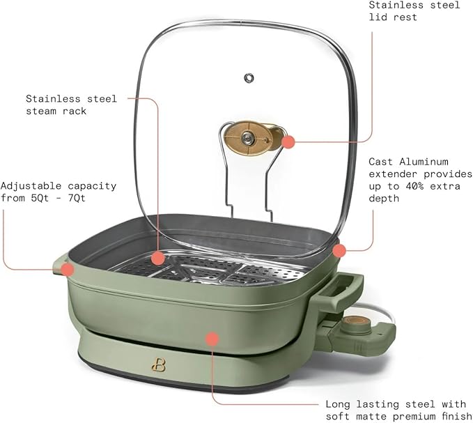 Beautiful 5-in-1 Electric Skillet 7QT, Cast Aluminum Extender, Nonstick, 1500W, Dishwasher-Safe Lid, Slow Cook, Steam (Sage Green)