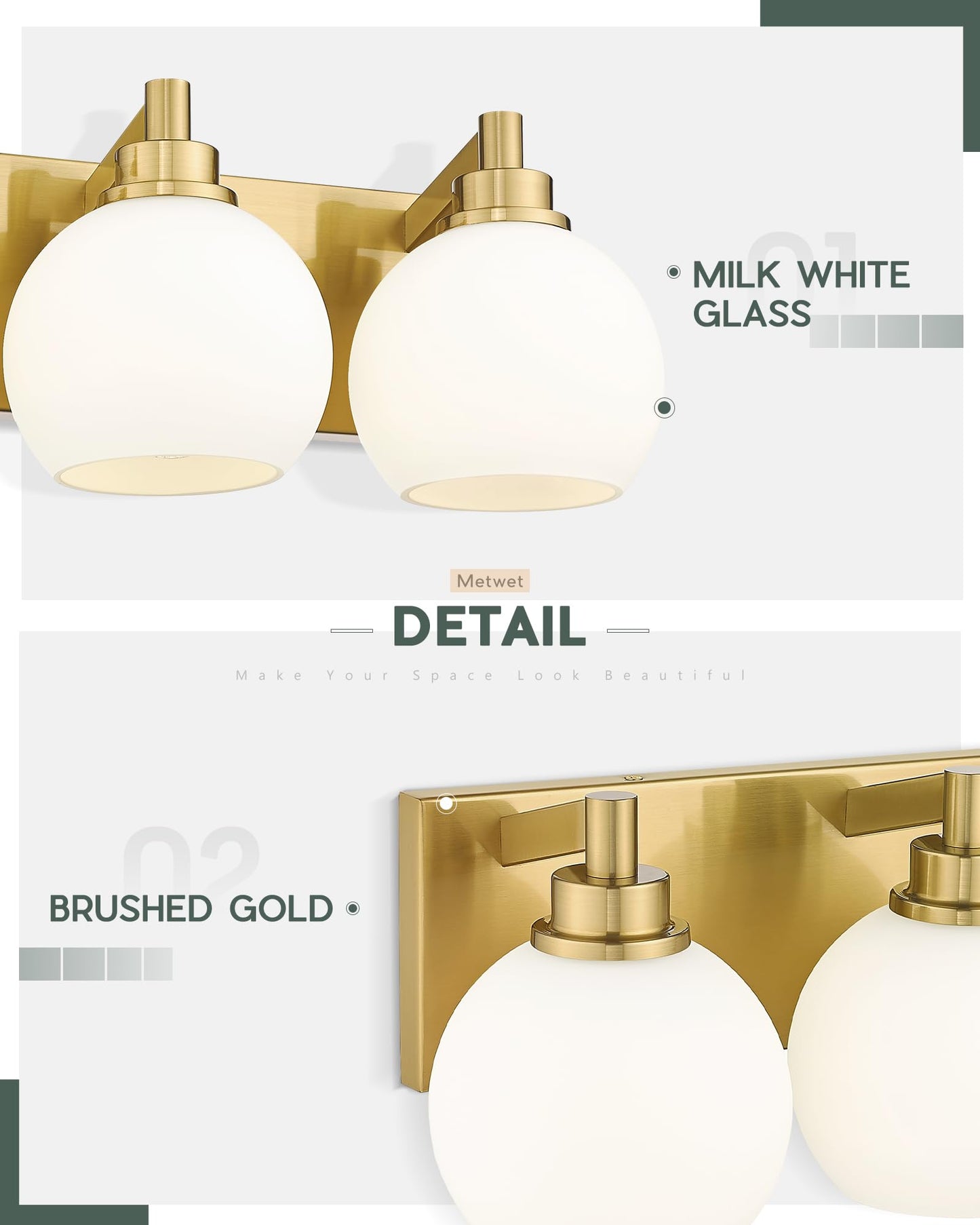 METWET Bathroom Light Fixtures, 4 Light Brushed Gold Vanity Light, 26 Inch Modern Wall Sconces with Globe Milk White Glass Shade, Vanity Lighting Fixtures Over Mirror, VL195-BG-ML-4