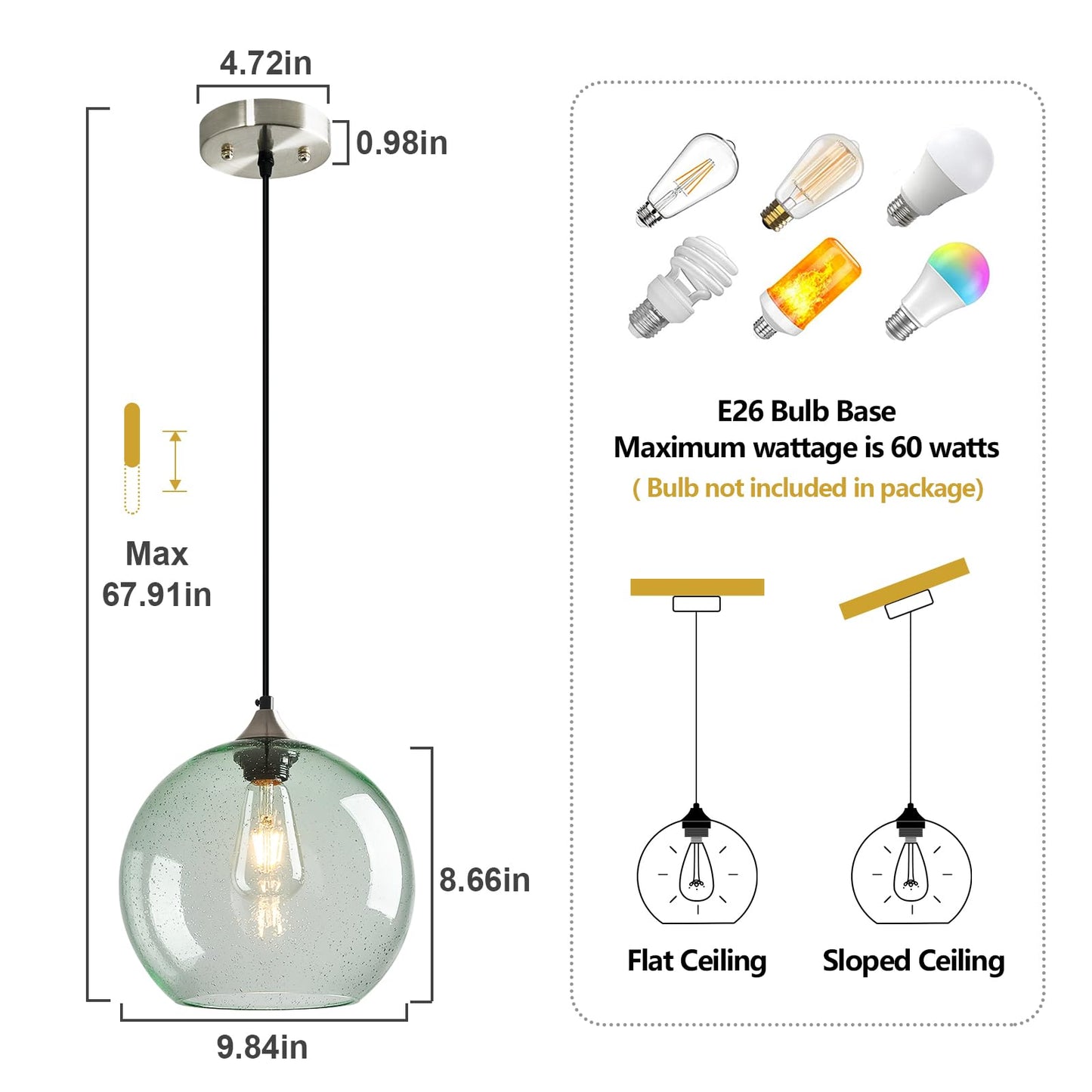 Lbsqj Light Green Glass Pendant Lights Kitchen Island Globe Pendant Light Fixtures Modern Pendant Lighting For Bedroom Living Dining Room Light Fixture (9.84 In  2 Pack)