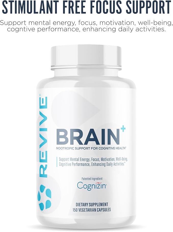 Revive MD Brain Supplements for Memory & Focus, Brain Plus - Stimulant Free Nootropic Supplement for Cognitive Health with Niacin, Vitamin B6 & B12, Acetyl-L-Carnitine HCL & Alpha-GPC- 150 Capsules