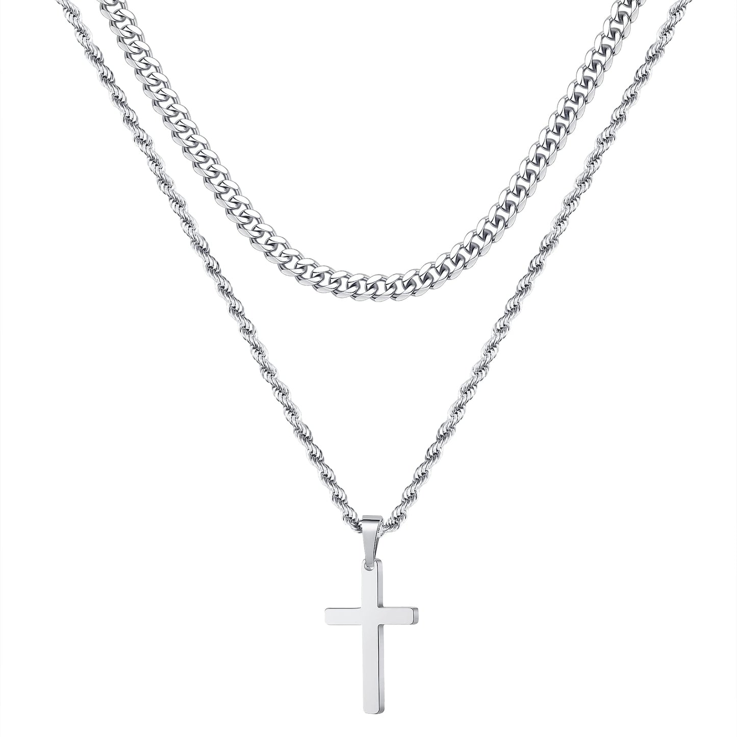 Ursteel Cross Necklace for Men, Mens Cross Necklaces Stainless Steel Cross Necklace for Men Women Layered Rope Chain Cross Chain